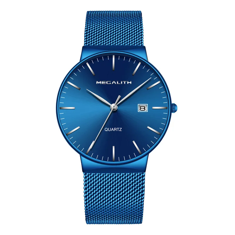 

MEGALITH Men Watches Top Luxury Ultra Thin Date Clock Male Blue Steel Mesh Strap Business Sports Quartz Wrist Watches Male Clock
