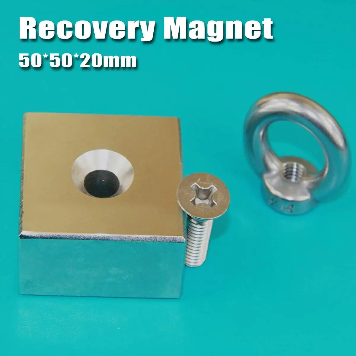 

1Pc 50x50x20mm Recovery Magnet Cuboid Square Block Powerful Neodymium Recovery Magnet Metal Detector with Handle Ringscrew