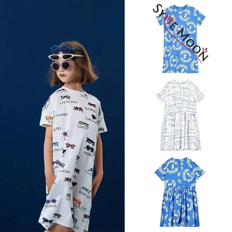 Детские платья; коллекция года; Летние футболки с принтом очков и листьев для девочек; платье для маленьких детей; новая модная одежда из хлопка