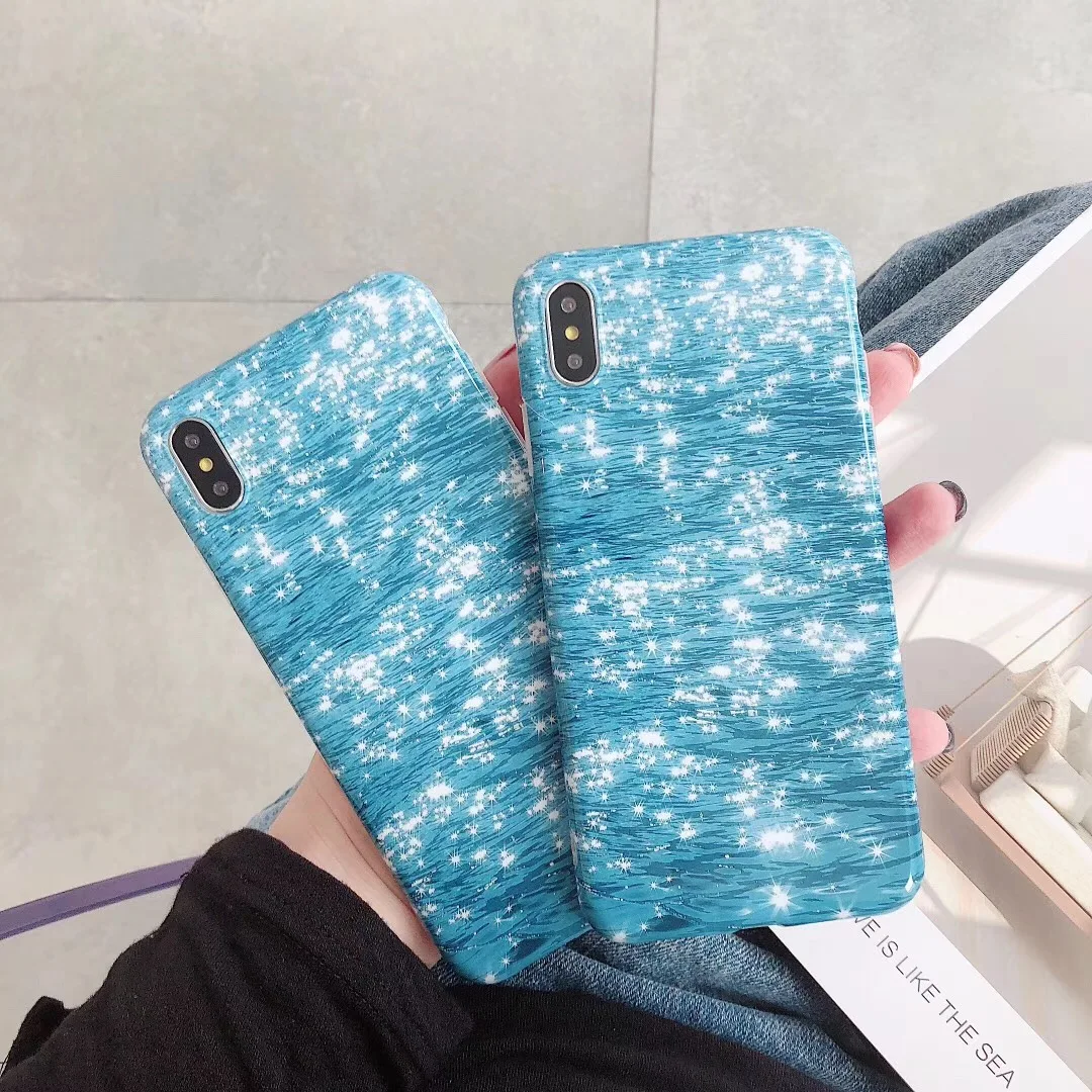 

Ottwn Bling Waves Phone Case For iPhone X XR XS MAX Glossy IMD Soft Bling Blue Ocean Glitter Cover For iPhone 6s 7 8 Plus Cases