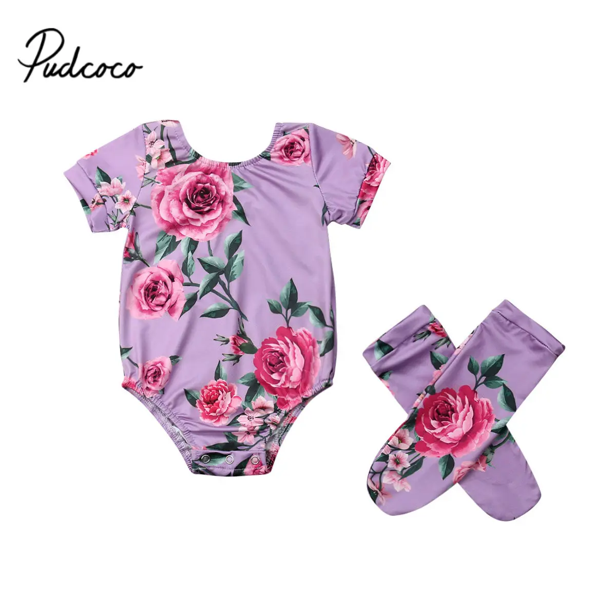 

2019 New Toddler Baby Girls Cotton Floral Romper+Socks Jumpsuit Bodysuit Casual Outfits Purple 2Pcs