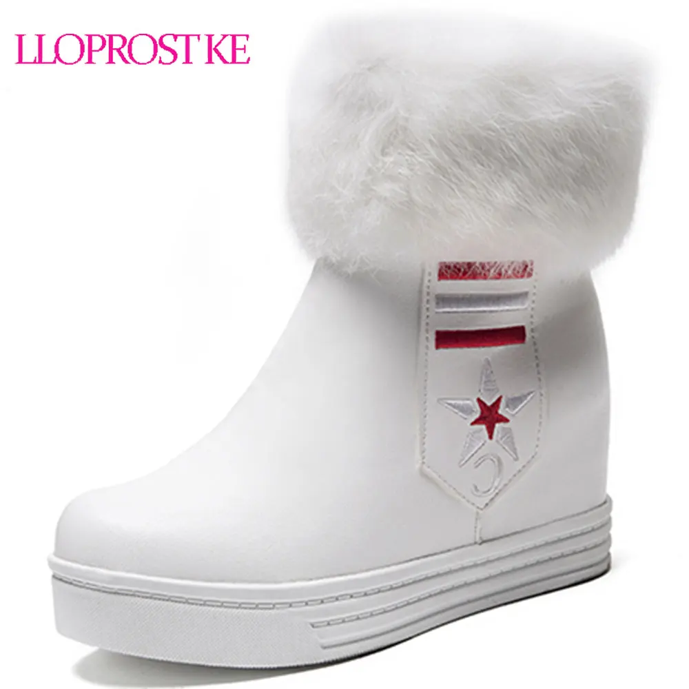 

Lloprost ke female motorcycle boots women shoes 2019 new wedge heel snow boots warm plush zipper black white ankle boots D782