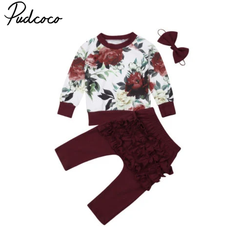 

Pudcoco Newborn Baby Girl Clothes Flower Tops Shirt Ruffle Long Pants Headband Outfits Popular Clothes Size 0-24M