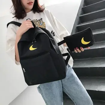 

2pcs Women Canvas Backpack Clutch Bag Female Preppy Korean Style Teenage Girls Students Large Capacity Schoolbag Rucksack Set