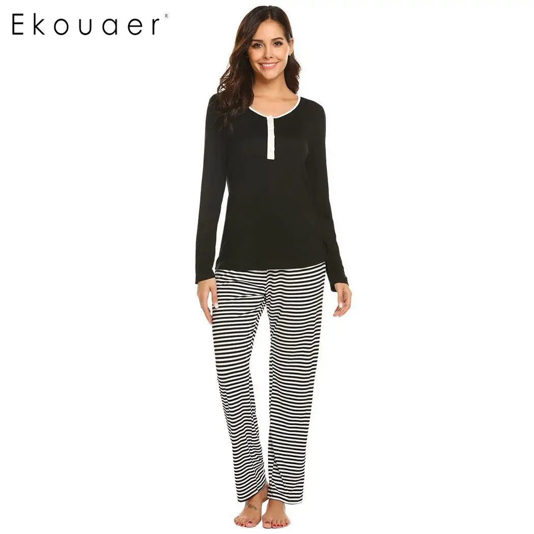 

Ekouaer Pajamas Sleepwear Sets Women Casual Solid Long Sleeve Tops And Long Pants Cotton Pajama Sets Nightwear Two Pieces Pajama