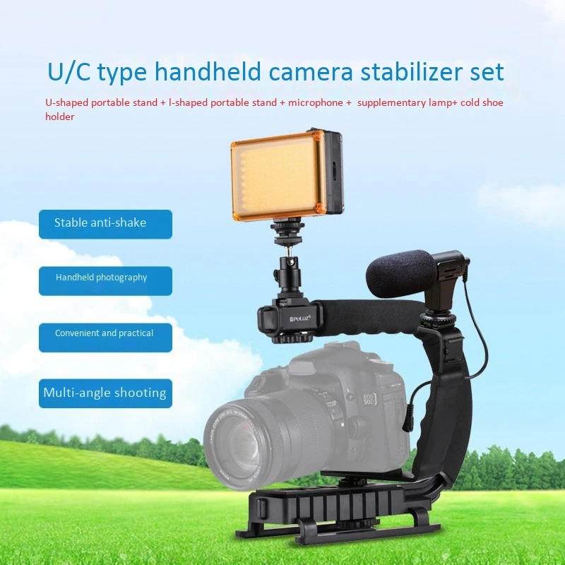  Puluz U/C Shape Portable Handheld Dv Bracket Stabilizer +Video Microphone Kit With Cold Shoe Tripod