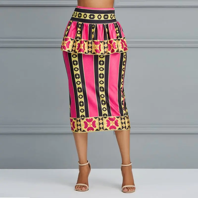 

Summer Midi Skirt Women Sexy Ruffle Office Casual Bodycon Stylish African Ethnic Style Printed Elegant High Waist Pencil Skirts