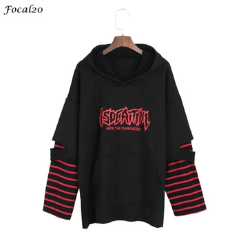 

Focal20 Streetwear Punk Stripe Patchwork Sweatshirt Hole Long Sleeve Hoodies Casual Loose Tracksuit