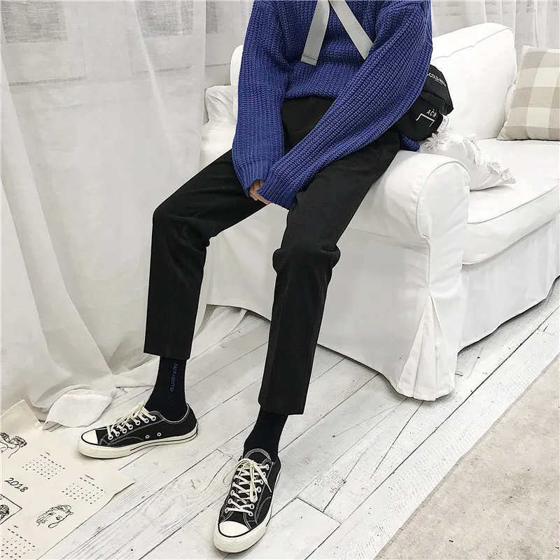 Men's Casual Pants 2019 Spring New Solid Color Personality Nine Points Pants Wool Pants Loose Self-cultivation Men's Trousers