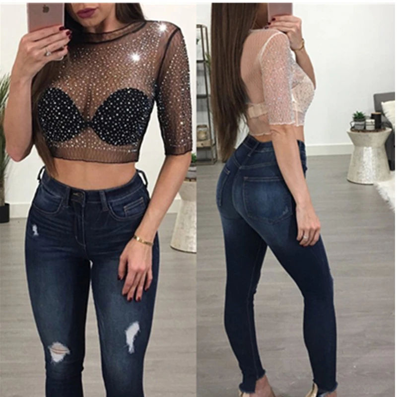 Алмазы Bling Топ Бикини Cover Up Для женщин Mesh Crop Топы сетка прозрачный Клубная одежда футболка