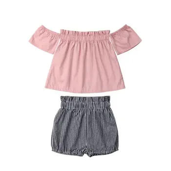 オンライン ブティック女の赤ちゃんの服オフショルダーカジュアルトップスチェック柄ショートパンツパンツ 2 本の衣装服夏