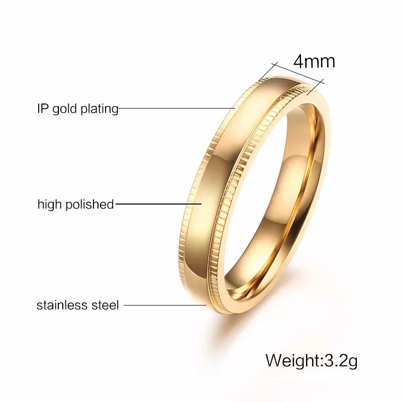 Золотые мужские из нержавеющей стали обручальное кольцо Milgrain края группа унисекс ювелирные изделия 4 мм