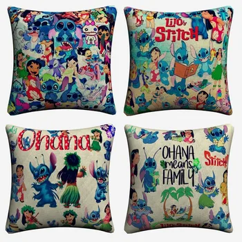 

Lilo Y Stitch Funny Anime Full Figures Decorative Cotton Linen Cushion Cover 45x45cm For Sofa Pillow Case Home Decor Almofada