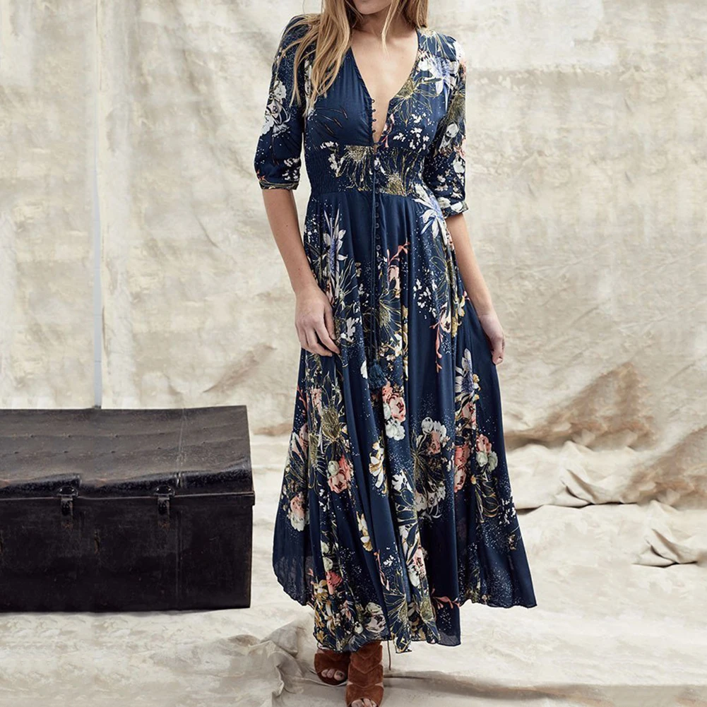 Женское длинное платье с цветочным принтом Boho винтажный пляжный сарафан рукавом