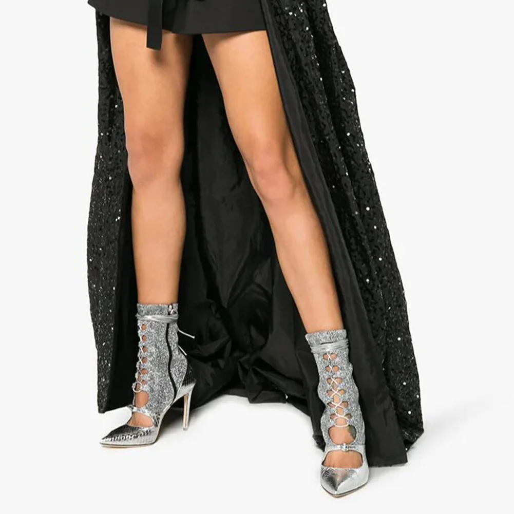 

Moraima Snc 2019 Spring Summer New Woman Cool Fashion Short Silver Boots Pointed Toe Stilettos Sexy High Thin Heel Plus Size 45