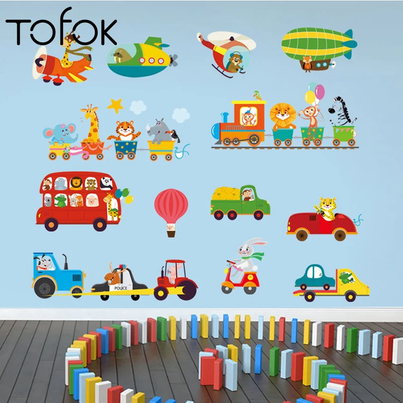 

Tofok Cartoon Traffic Tools Animal Wall Sticker Kids Bedroom Home Decor Mural Art Wallpapaer Diy Wallposter Sofa TV Background
