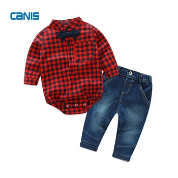 

Hot Lovely Fashion Cotton Toddler Newborn Kids Baby Boys Clothes Plaid Long Sleeve Romper Tops Jeans Pants Outfits Clothes Set