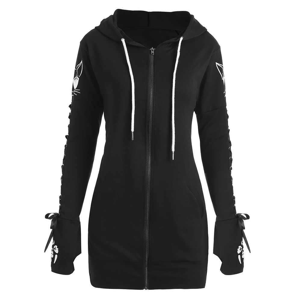 Spring Autumn Fashion Women Cat Printed Hoodie Lace Up