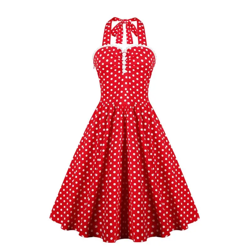 

Women Midi Dresses Elegant Sexy Travel Vintage Red Plus Size High Waist Halter Polka Dots Backless Bowknot Summer Female Dress