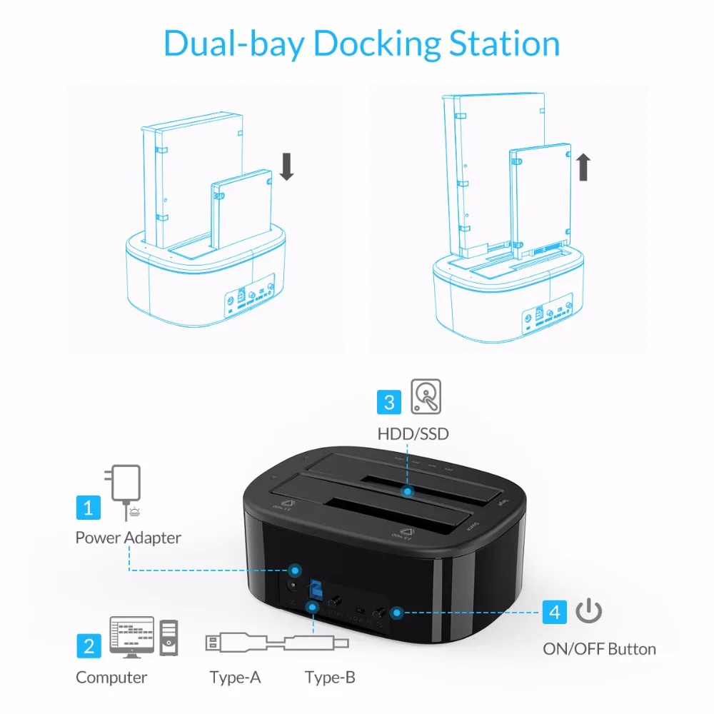  Estación de acoplamiento de disco duro de doble Bahía Orico 6228Us3 Usb 30 a Sata para 25/35 pulgad