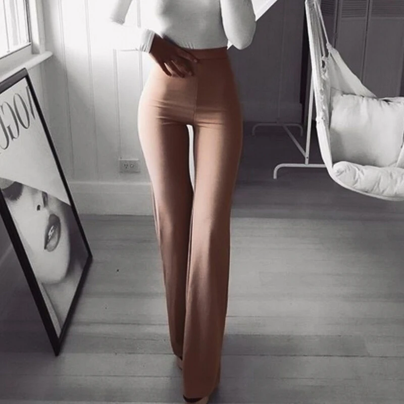 

Women Solid Wide Leg Pants High Waist Full Length Flare Pants & Capris Workwear Elastic Bell Trousers Pantalon Femme