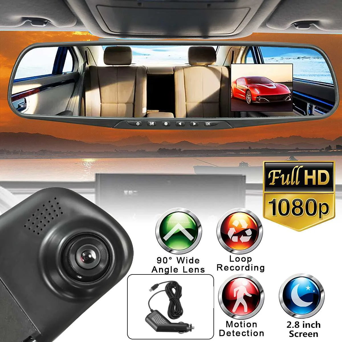 

2.8in HD 1080P LCD Display Screen 90 Degrees Rearview Mirror Dash Cam Camera Video Recorder Night Vision Auto Car Vehicle DVR