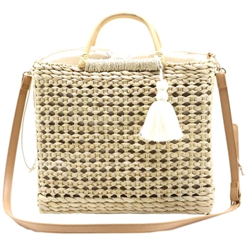 

Hollow Fringed Woven Straw Bag Wooden Handle Shopping Bag Woman Fashion Tassel Messenger Bag Handbag(Beige)