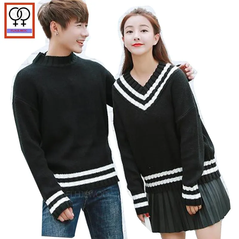 

Matching His and Hers Outfits Preppy Style Boyfriend Girlfriend Striped V Neck Sweater Cute Sweet Black Knit Couple Sweaters 193