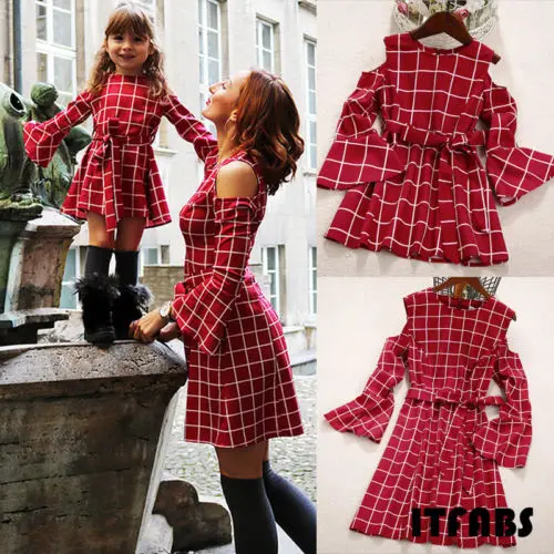 

Family Dress Mother and Daughter Matching Plaid Women Girls Long Sleeve O Neck Lattice Mini A Line Dress