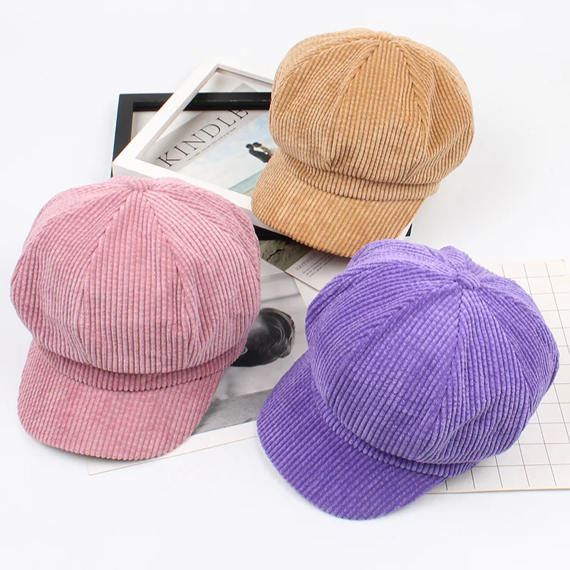 

2019 Newest women Corduroy tagonal hat solid color retro octagonal caps newsboy caps visor cap female warm winter hats