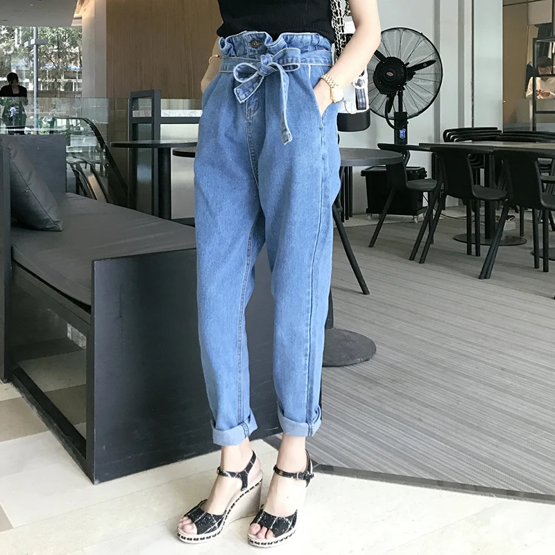 

2019 New Spring Women Denim Pencil Pants High Waist Nine Points Buds Jeans Blue A11