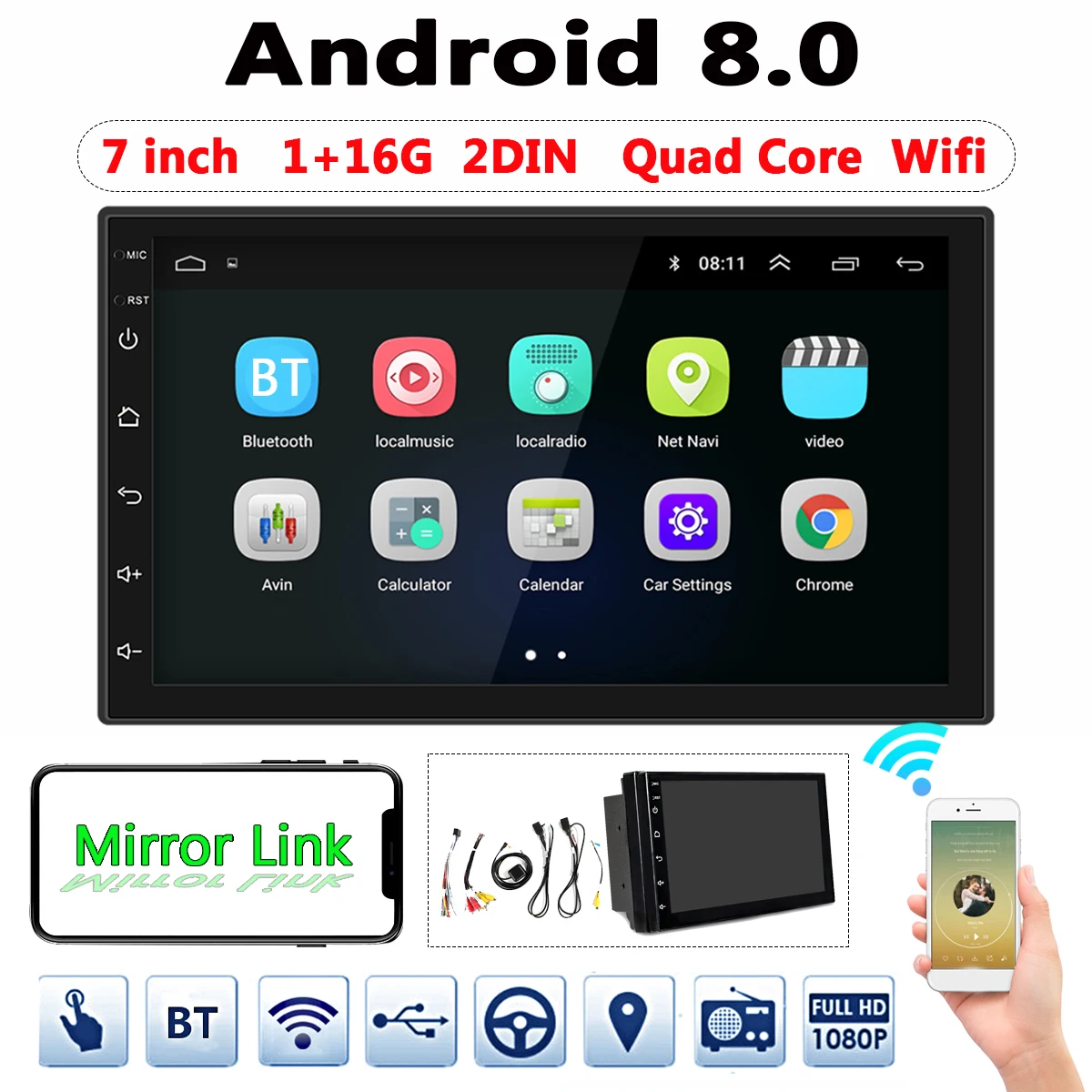 

7'' Android 8.0 Car Radio Bluetooth WIFI GPS Navigation 2DIN Qua Core Audio Stereo Touchable FM MP3 MP5 Car Multimedia Player