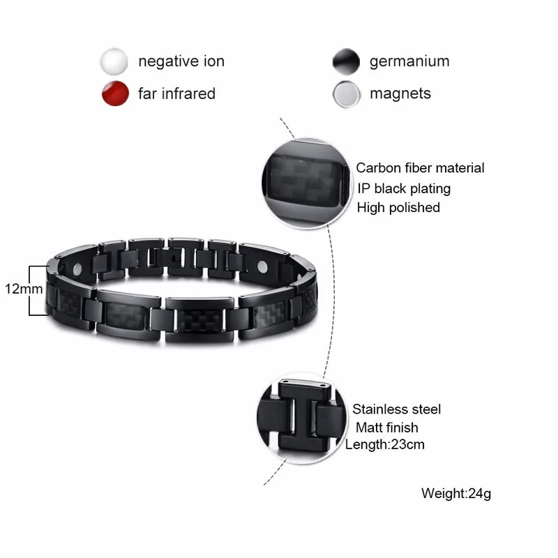 Vnox 12 мм углеродное волокно энергетические силовые браслеты для мужчин черный нержавеющая сталь звено цепи магнитный браслет 9"