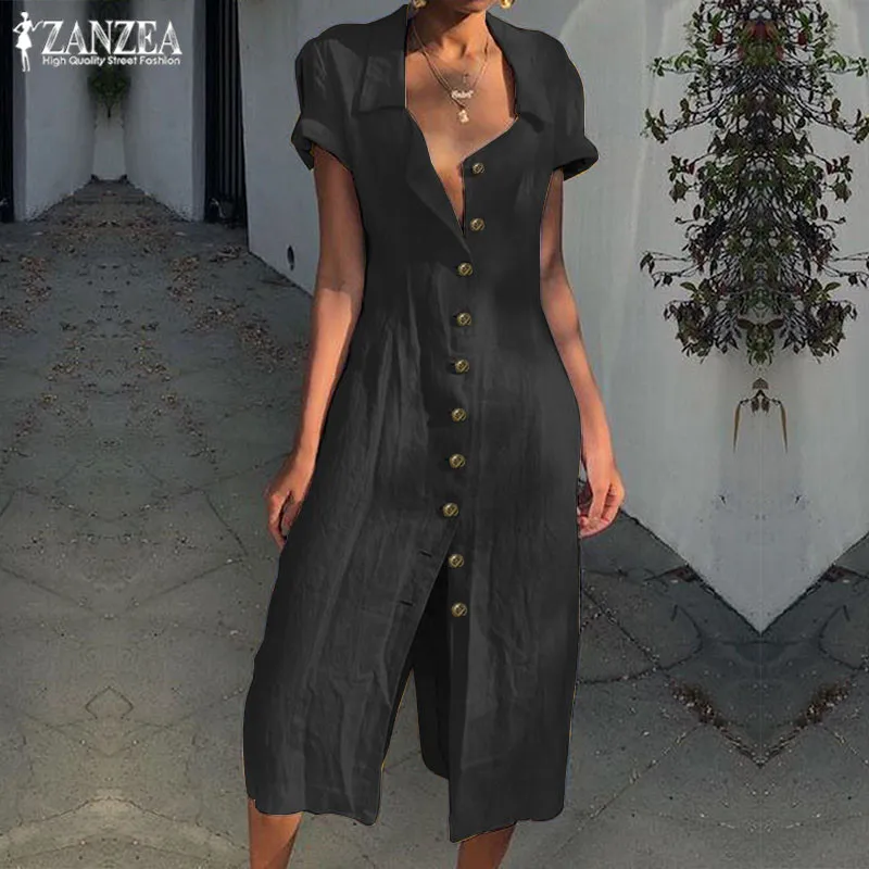 

Women Dress ZANZEA 2019 Fashion Party Split Sundress Summer Short Sleeve Shirt Vestido Solid Lapel Cotton Linen Long Robe Female