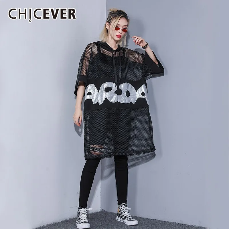 

CHICEVER Spring Patchwork Letter Mesh Hollow Out Female Dress For Women Hooded Short Sleeve Loose Oversize Female Dresses 2019
