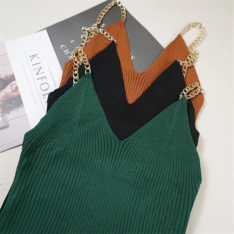 

Crop Top Women Chain Knitted Tank Top Sexy V Neck Strap Camis Sleeveless Short Camisole Vest Tops Slim Low Chest Roupas Feminina