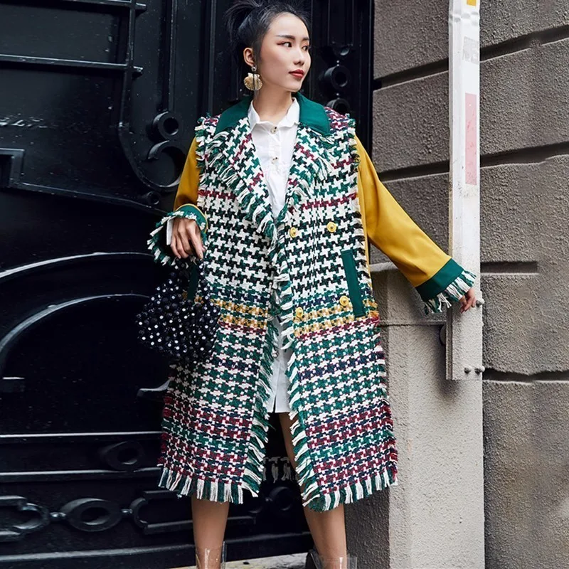 Kopen LANMREM 2018 Nieuwe Collectie Green Plaid Kwastje Patchwork Jassen Voor Vrouwen Herfst Mode Contrast Kleur Lange Type Caot YF03706