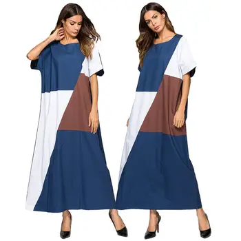 

Women Long Dress Summer Loose Casual Maxi Dress Fashion Color Block Plus Size Shift Dress Gowns O-Neck Female Muslim Patchwork