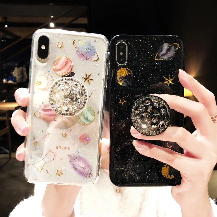 

Xs max Luxury Planets Crystal Floral Stand Phone Case jelly TPU Cover For iPhoneXs XR 8plus 6s 7plus Skin Shell Protection