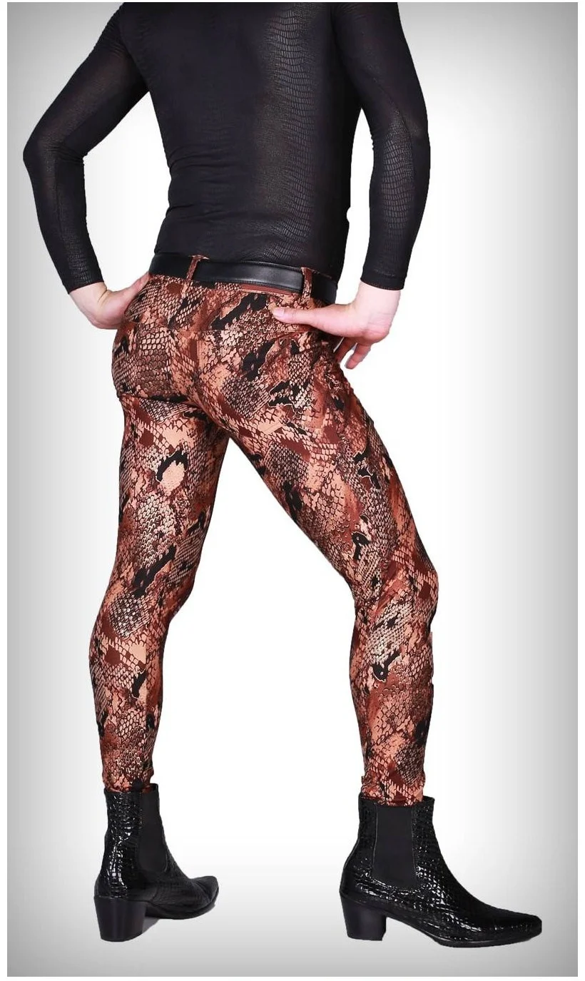 Очаровательные Модные мужские камуфляжные штаны из искусственной кожи со змеиным рисунком, сексуальные обтягивающие эластичные штаны в стиле панк, Длинные обтягивающие брюки-карандаш A9071