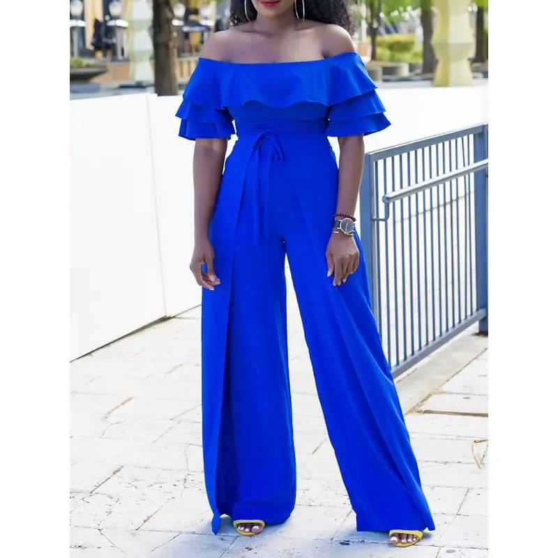 

Sexy Off shoulder Jumpsuit Women Wide Leg Pants High Waist Slim Summer Fashion Blue Elegant Ladies Ruffle Party Long Jumpsuits