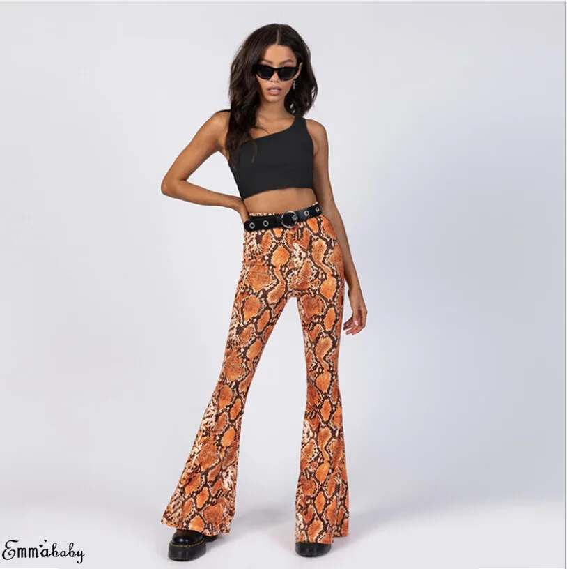 

Women Snake Print Hippie High Waist Wide Leg Flared Bell Bottom Casual Long Pant