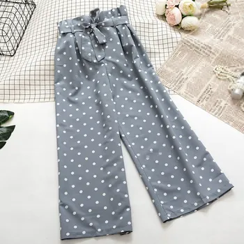

2019 Summer Polka Dot Wide Leg Pants Women Vintage Sashes High Waist Pants High Street Female Casual Loose Trousers