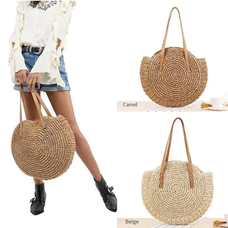 

Round Straw Shoulder Bag Women Hand-Woven Rattan Summer Beach Bag Woman's Bohemian Handbag Travel Shopping Tote for Female