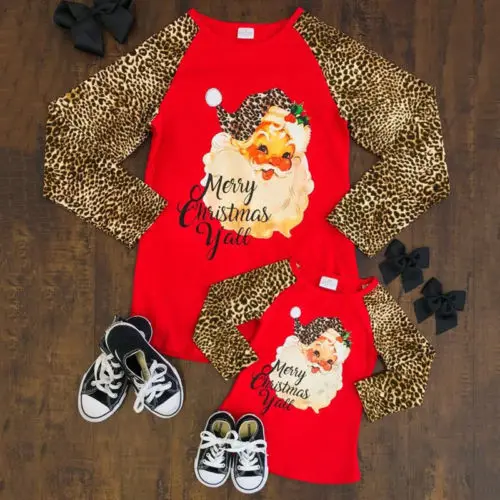 

2019 New XMAS Family Matching T Shirt Women Kid Christmas Santa Claus T-Shirt Leopard Tops Mother Daughter T Shirt