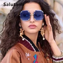 Женские брендовые солнцезащитные очки без оправы, новинка, модные квадратные солнцезащитные очки из сплава для женщин, прозрачные синие ретро очки