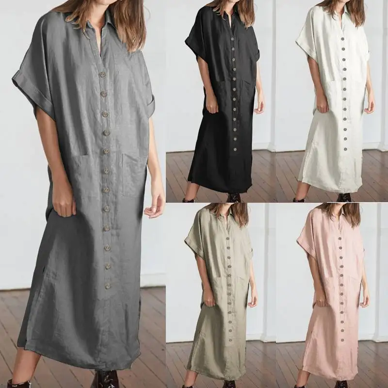 

Celmia 2019 Summer Women Tunic Dress Short Sleeve Buttons Sarafans Maxi Dresses Casual Loose Long Shirt Vestidos Mujer Plus Size