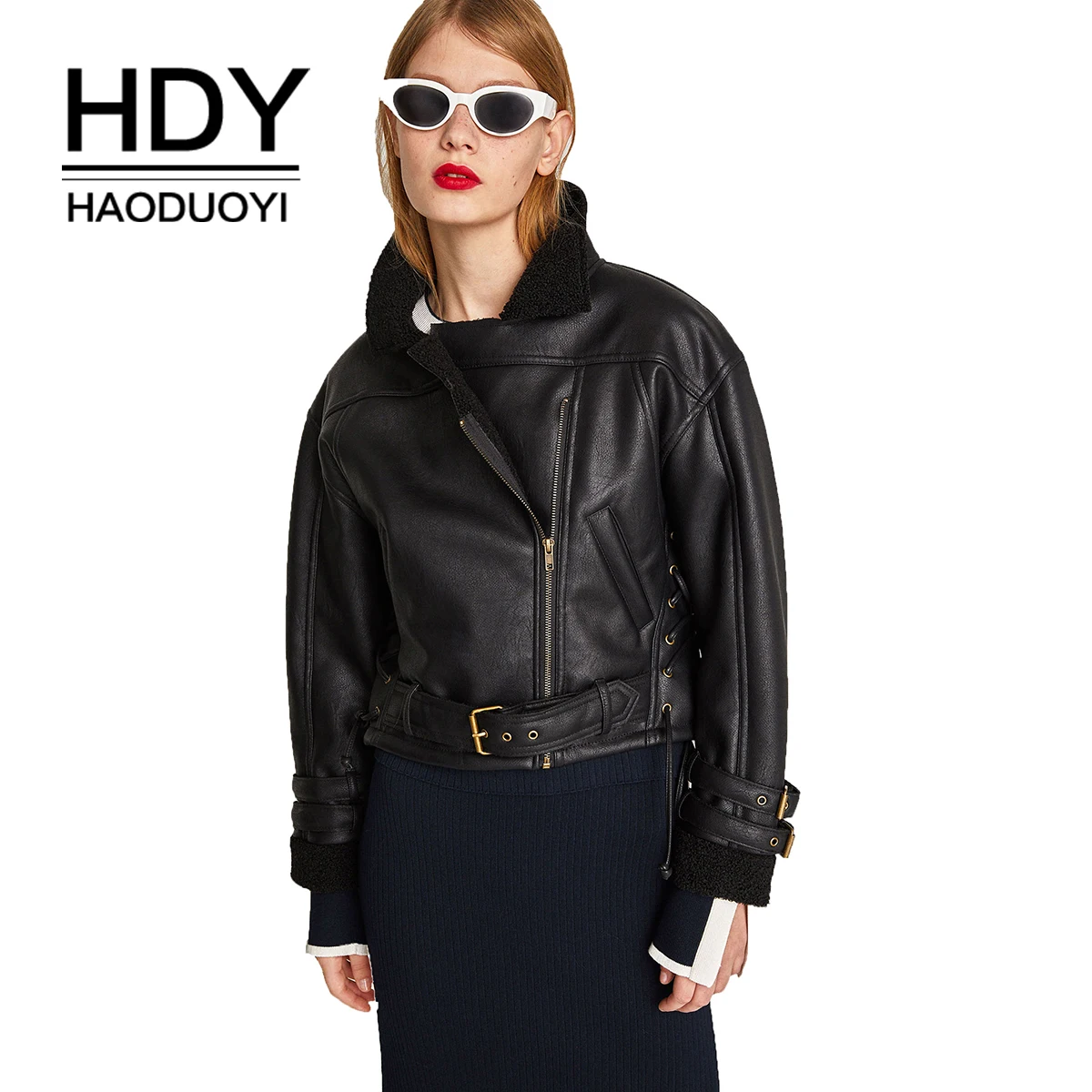 HDY Haoduoyi Faux Fur Curling Cuffs Metal Buttonhole Lapel Jacket