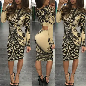

Womens Long Sleeve Dress Ladies Bodycorn Party Dresses Clubwear Evening Size 6-14