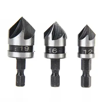 

3pcs/set 90 Degree 1/4 Hex 5 Flute Chamfer Deburring Countersink Drill Bit End Mill Cutters for Metal Woodworking Tool 12-19mm